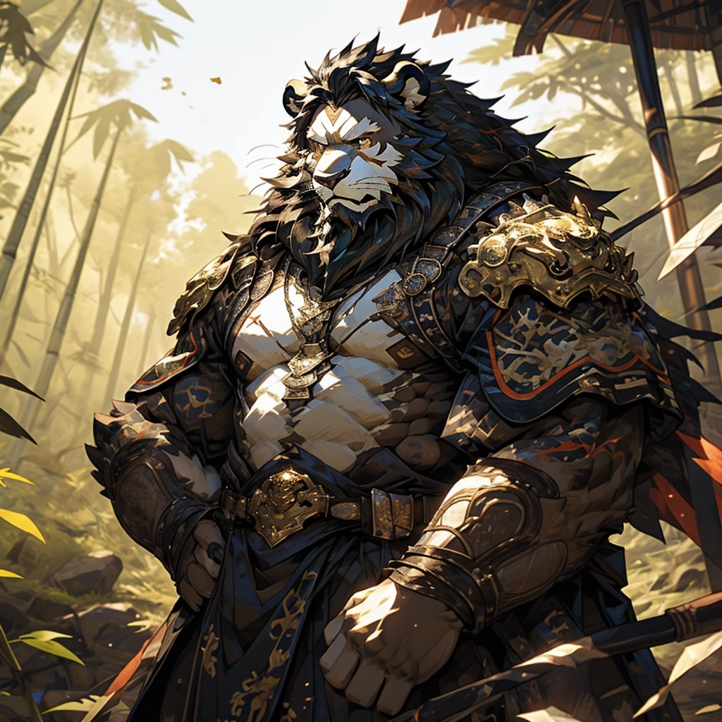 White skin lion),(Black and white yin and yang general battle robe),Holding a long sword,Strong attitude,stand calmly,(The background is a dark deep forest covered with bamboo:1.2),abdominal muscles,heroic posture,A perfect masterpiece,Various facial details,distance perspective,specific description,masterpiece,CG,(golden eyes),black and white pattern,Crimson tail,General,heroic posture,lion,black and white fur,specific facial details,Half body,(Black and white Yin and Yang General combat boots),(Chang Ling),((middle aged)),(Face focus),(16K),HD,black and white belly，wilderness,beard,(Noodles),different students,(Black and white yin and yang shirt),(Black and white hair),Strong,muscle,(High resolution:1.3),(Standing deep in the deserted bamboo forest),(close up),(Detailed face:1.5),Perfect details,(Half body),(facial detail depiction:1.5),(Zoom in on face:1.5),(White Noodles:1.2),(Black Beard:1.3),(white face;1.6),white body