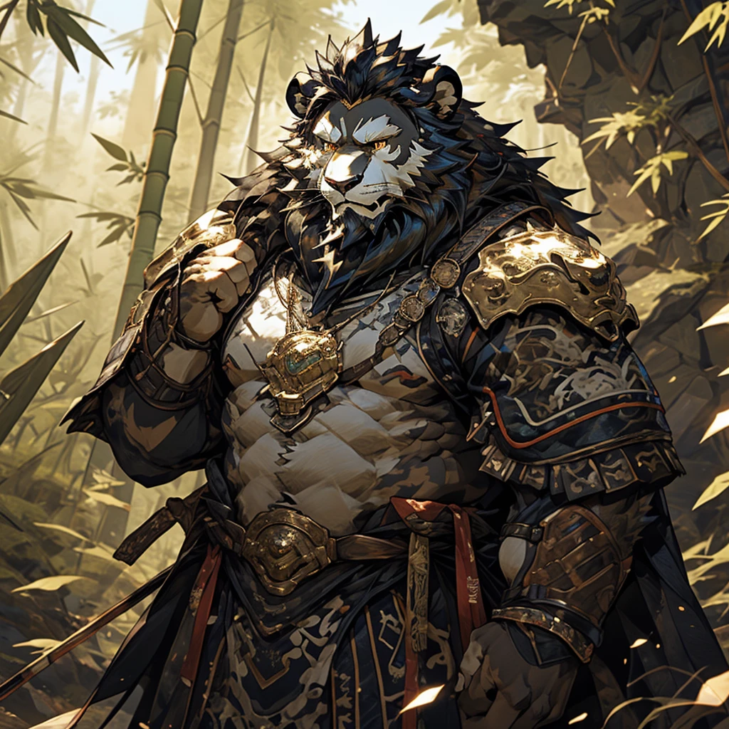 白色皮肤lion),(黑白阴阳General战袍),Holding a long sword,坚Strong姿态,stand calmly,(The background is a dark deep forest covered with bamboo:1.2),abdominal muscles,heroic posture飒爽,完美的masterpiece,Various facial details,distance perspective,specific description,masterpiece,CG,(golden eyes),black and white pattern,Crimson tail,General,heroic posture,lion,black and white fur,specific facial details,Half body,(黑白阴阳General战履),(Chang Ling),((middle aged)),(Face focus),(16K),HD,black and white belly，wilderness,beard,(Noodles),different students,(Black and white yin and yang shirt),(Black and white hair),Strong,muscle,(High resolution:1.3),(Standing deep in the deserted bamboo forest),(close up),(Detailed face:1.5),Perfect details,(Half body),(facial detail depiction:1.5),(Zoom in on face:1.5),(白色Noodles:1.2),(黑色beard:1.3),(white face;1.6),white body