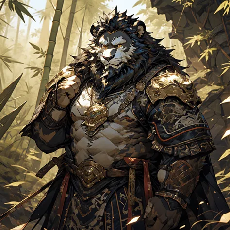 白色皮肤lion),(黑白阴阳General战袍),Holding a long sword,坚Strong姿态,stand calmly,(The background is a dark deep forest covered with bamboo:...