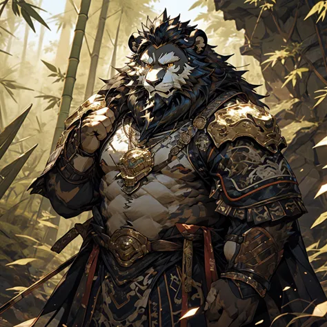 白色皮肤lion),(黑白阴阳general战袍),holding a long sword,坚strong姿态,stand calmly,(the background is a dark deep forest covered with bamboo:...