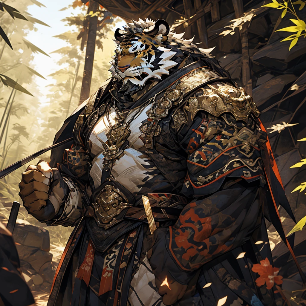 白色皮肤Tiger),(Black and white yin and yang general battle robe),Holding a long sword,Strong attitude,stand calmly,(The background is a dark deep forest covered with bamboo:1.2),abdominal muscles,heroic posture,A perfect masterpiece,Various facial details,distance perspective,specific description,masterpiece,CG,(golden eyes),black and white pattern,Crimson tail,General,heroic posture,Tiger,black and white fur,specific facial details,Half body,(Black and white Yin and Yang General combat boots),(Chang Ling),((middle aged)),(Face focus),(16K),HD,black and white belly，wilderness,beard,(Noodles),different students,(Black and white yin and yang shirt),(Black and white hair),Strong,muscle,(High resolution:1.3),(Standing deep in the deserted bamboo forest),(close up),(Detailed face:1.5),Perfect details,(Half body),(facial detail depiction:1.5),(Zoom in on face:1.5),(White Noodles:1.2),(Black Beard:1.3),(white face;1.6),white body