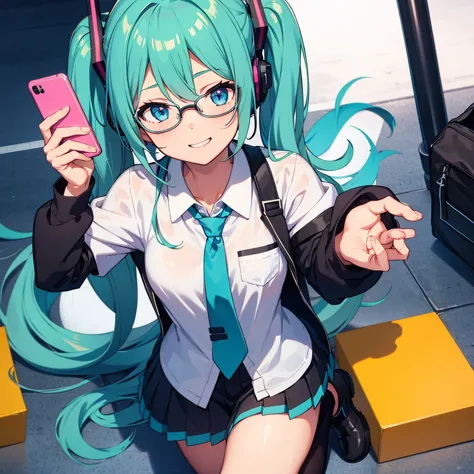 hatsune miku, asuka kazama, jacket white, shirt blue, smiling face, headphone, holding phone, smartphone, glasses
