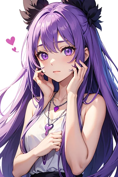 alone, 1 girl，jewelry, light purple long hair,necklace, put your hands on your face，white background, heart, keep your mouth shu...