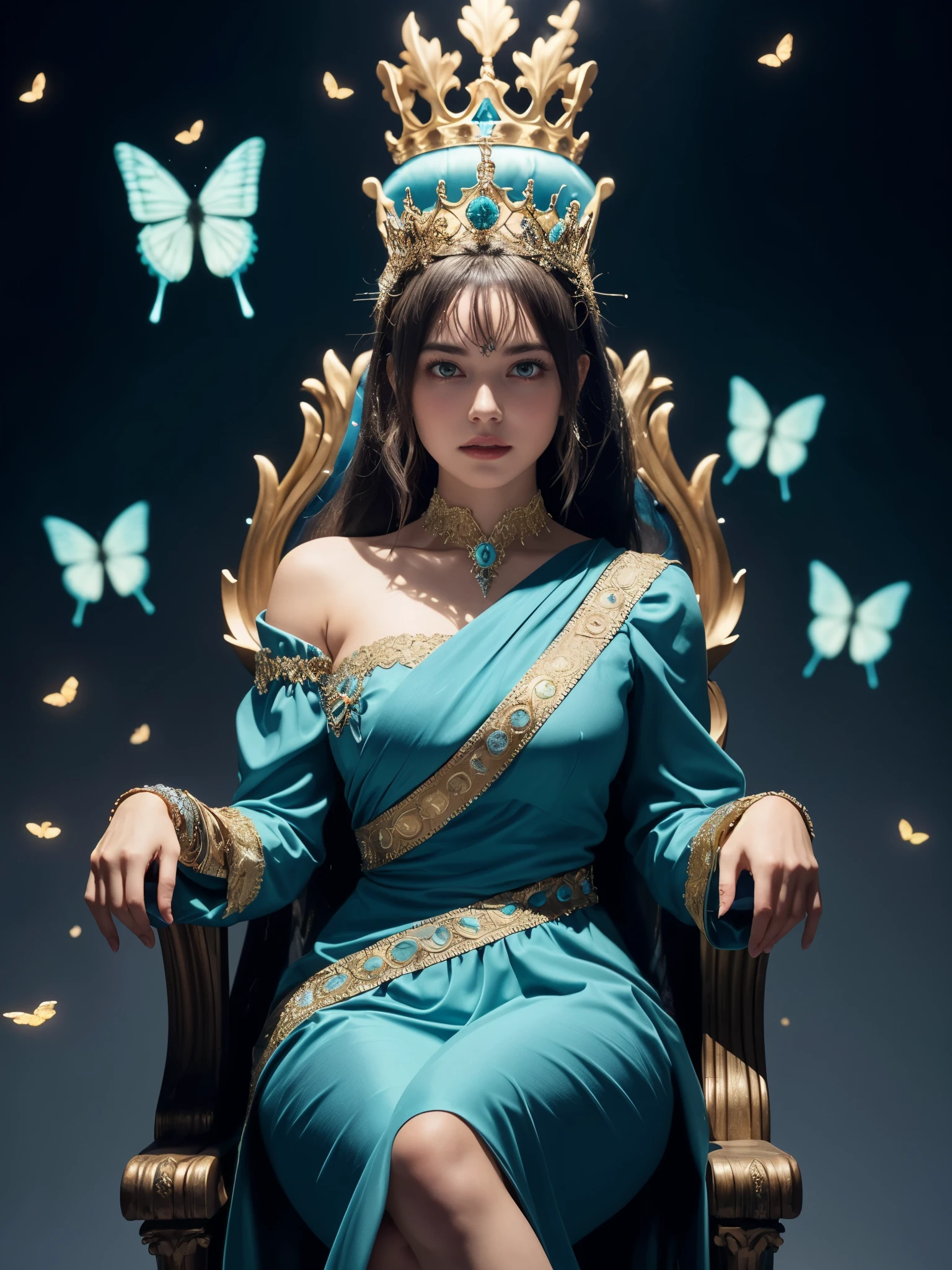 queen sitting on throne wearing various badges, BREAK, 1girl, sitting on kingdom throne, regal badges, surrounded by butterflies filigree, king crown headpiece, surrounding by fireflies, hair cascading down her shoulders, side ponytail, shiny turquoise scrunchie outfit, fiery intenseity red eyes, 