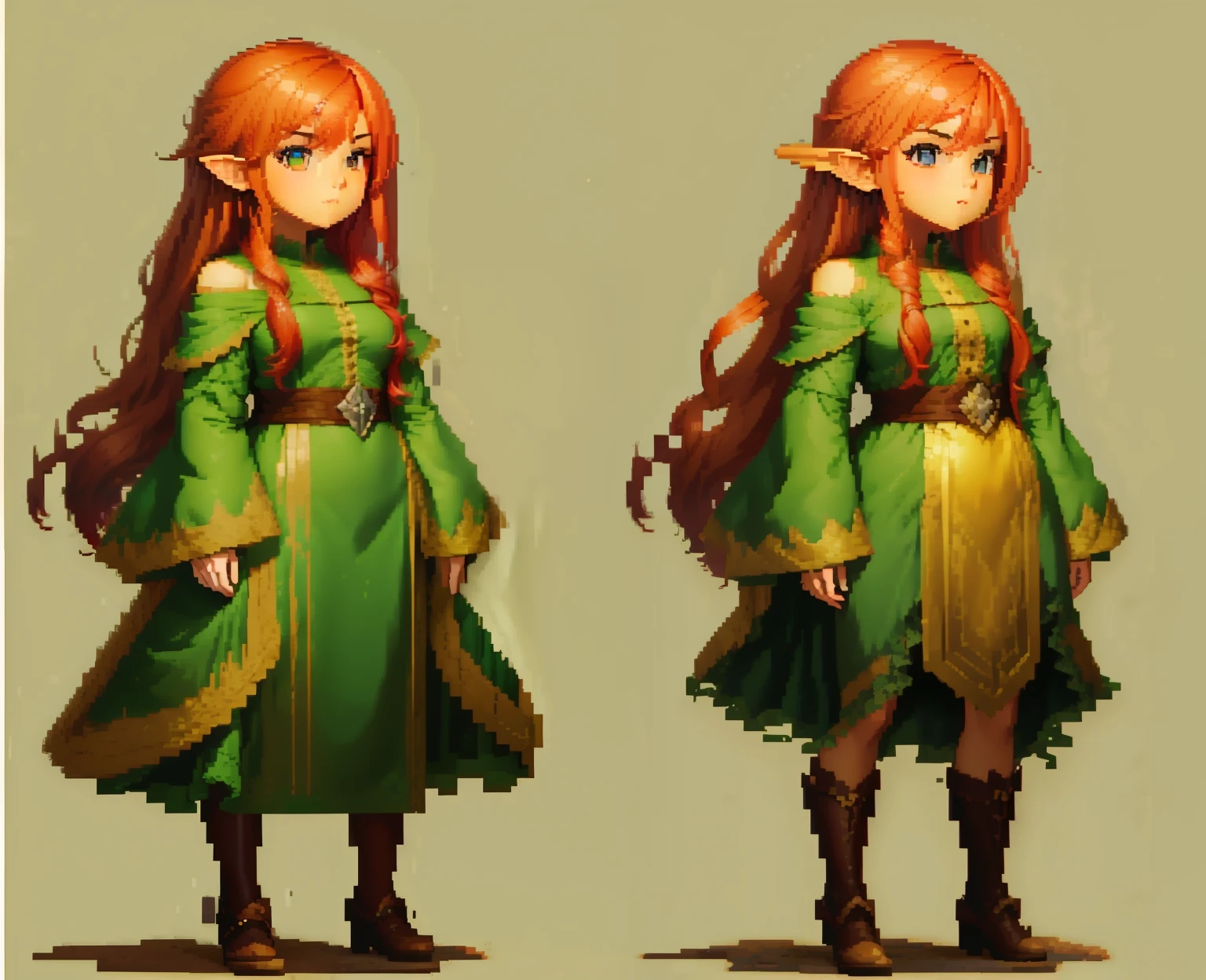 beau visage détaillé avec des joues roses, versions basées sur des images a couple of pixel art of a woman in green dress, sprite de roman visuel, lutin pixel art, art conceptuel coloré, concept pixel art, Fabriqué en RPG Maker, sprite complet du corps, lutin 2 j, Art des Sprits, art conceptuel fantastique d&#39;esprit, art conceptuel du personnage complet du corps, style artistique du RPG coriolios, Personnage d&#39;art conceptuel RPG, art conceptuel détaillé du corps entier, versions basées sur des images, cheveux roux, Smiley