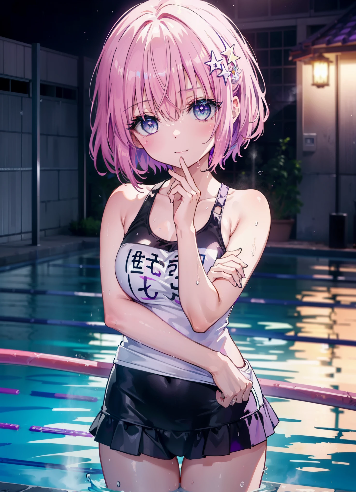 Momodeviluke, Deviluke type, demon tail, hair flower, hair ornaments, (purple eyes:1.1), pink hair, short hair, tail, smile,happy smile, smile, open your mouth,
break demon tail, green , white school swimsuit,wet hair,wet skin,Bare legs break ourdoors, School　pool,
break looking at viewer, (cowboy shot:1.5),
break (masterpiece:1.2), highest quality, High resolution, unity 8k wallpaper, (figure:0.8), (beautiful detailed eyes:1.6), extremely detailed face, perfect lighting, extremely detailed CG, (perfect hands, perfect anatomy),