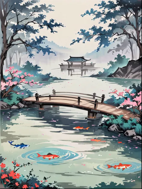 Depict a traditional Japanese fantasy scene. In this setting, there should be a majestic water dragon, intricately detailed and adorned with shimmering, multi-colored scales. The dragon is rising out of a strikingly vibrant koi pond, which is nestled amid ...