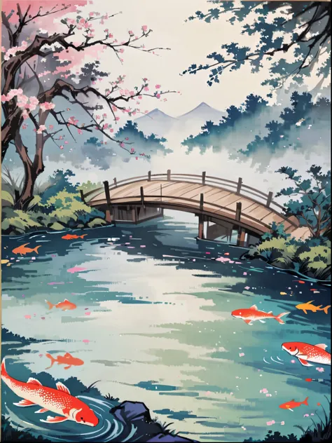Depict a traditional Japanese fantasy scene. In this setting, there should be a majestic water dragon, intricately detailed and adorned with shimmering, multi-colored scales. The dragon is rising out of a strikingly vibrant koi pond, which is nestled amid ...
