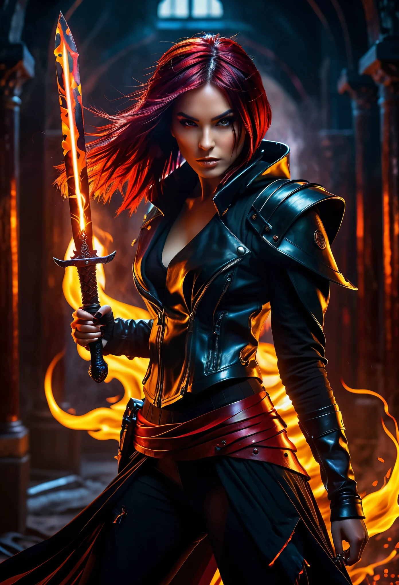 photorealistic, masterpiece, Rogue modern warrior girl, red-black coloured hair, shrouded in shadows, holding a flaming dagger in each hand, vibrant glowing abyssal colors, entirely in frame, FULL BODY, radiating electrical energy, shoulder length messy hair, hyperdetailed background, luminism