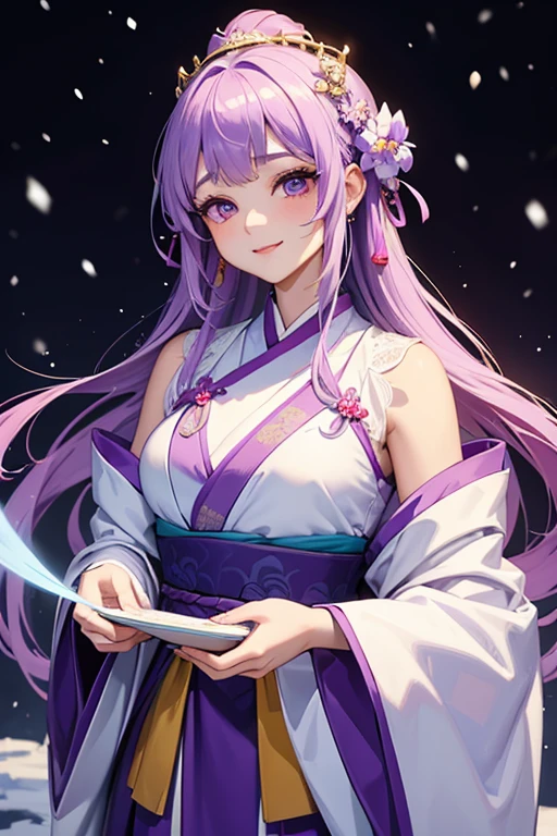 Túnica taoísta de color morado claro, falda larga hanfu, ojos grandes, obra maestra absolutamente hermosa, 1 hembra, de cerca. de cerca, sonrisa curativa, Escena de nieve, calidad 4K, Peinado De Princesa Corte De Pelo De Princesa, accesorios para el cabello simples, pechuga de ciruela, La gente no puede olvidar su belleza cuando la ve.