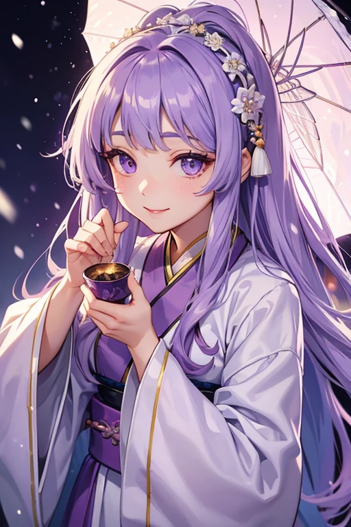 Túnica taoísta de color morado claro, falda larga hanfu, ojos grandes, obra maestra absolutamente hermosa, 1 hembra, de cerca. de cerca, sonrisa curativa, Escena de nieve, calidad 4K, Peinado De Princesa Corte De Pelo De Princesa, accesorios para el cabello simples, pechuga de ciruela, La gente no puede olvidar su belleza cuando la ve.