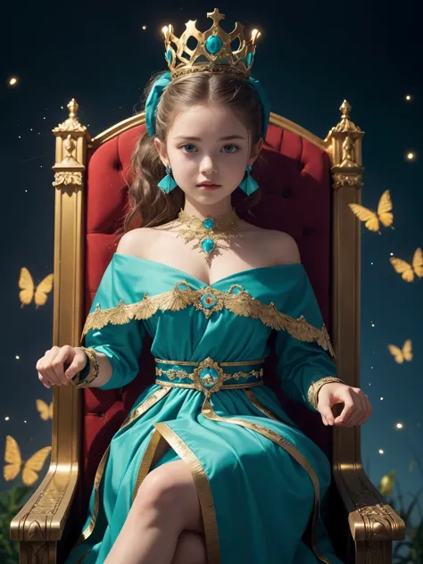 queen sitting on throne wearing various badges, BREAK, 1girl, sitting on kingdom throne, regal badges, surrounded by butterflies...