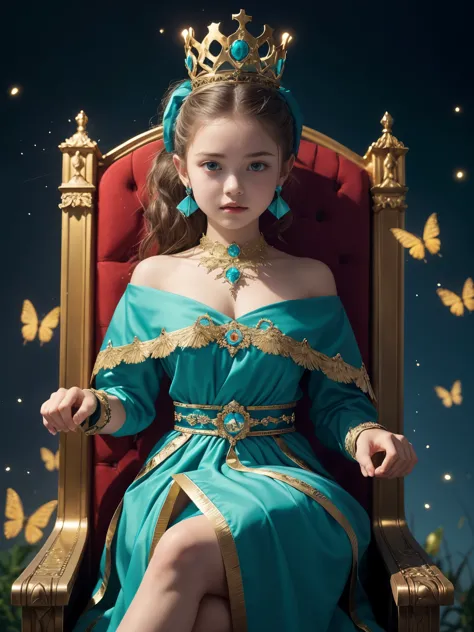 queen sitting on throne wearing various badges, break, 1girl, sitting on kingdom throne, regal badges, surrounded by butterflies...