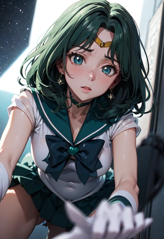 （masterpiece）、(highest quality)、((Super detailed))、(super delicate)、cowboy shot、1 girl、（sailor neptune, mature woman, small breasts, aqua eyes, dark green hair, medium hair）、（sailor moon outfit:1.3）、big breasts、valley、I&#39;m sweating、(from below:2), (face close-up:1.3),Hot spring at night、fantastic starry sky