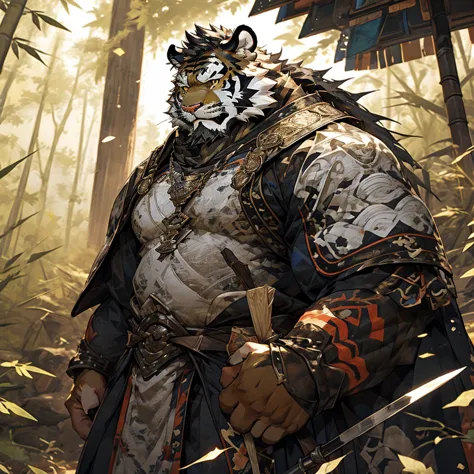 白色皮肤tiger),(黑白阴阳general战袍),holding a long sword,坚strong姿态,stand calmly,(the background is a dark deep forest covered with bamboo...