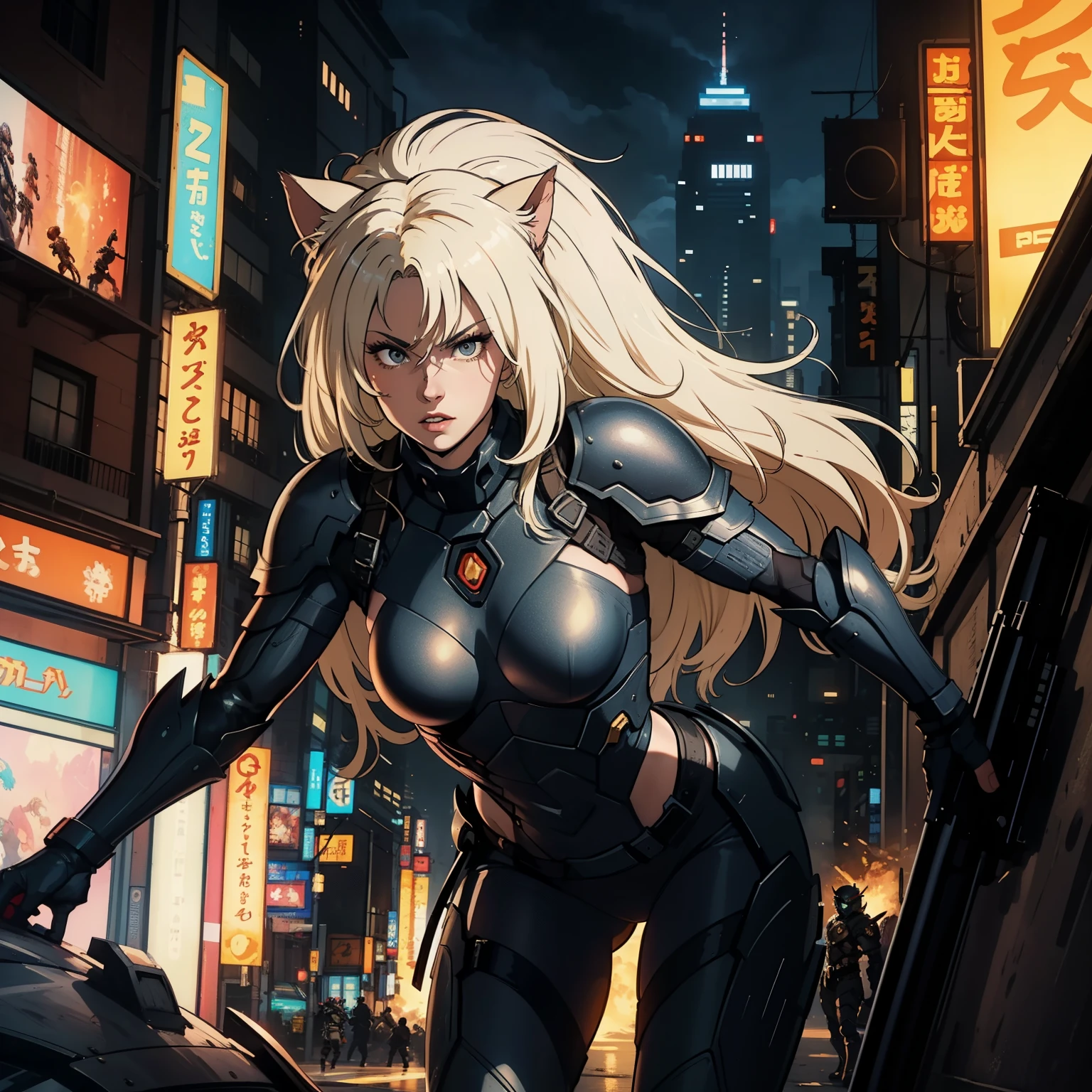 ((highest quality)), ((masterpiece)), (be familiar with), (High definition), 8K, perfect face、2 women、Two blonde women with cat ears、((action scene))、tall、2 Blonde cat ears、2. Long Hair、2. Volumetric hair style、big breasts、constricted waist、big ass、glamorous、Glamorous、protector、Armor、combat suit、combat boots、armed、Equipped with large firearms、In front of the tank、cinematic、best shadow、side lighting、NEO TOKYO、explosion、(close up of face)