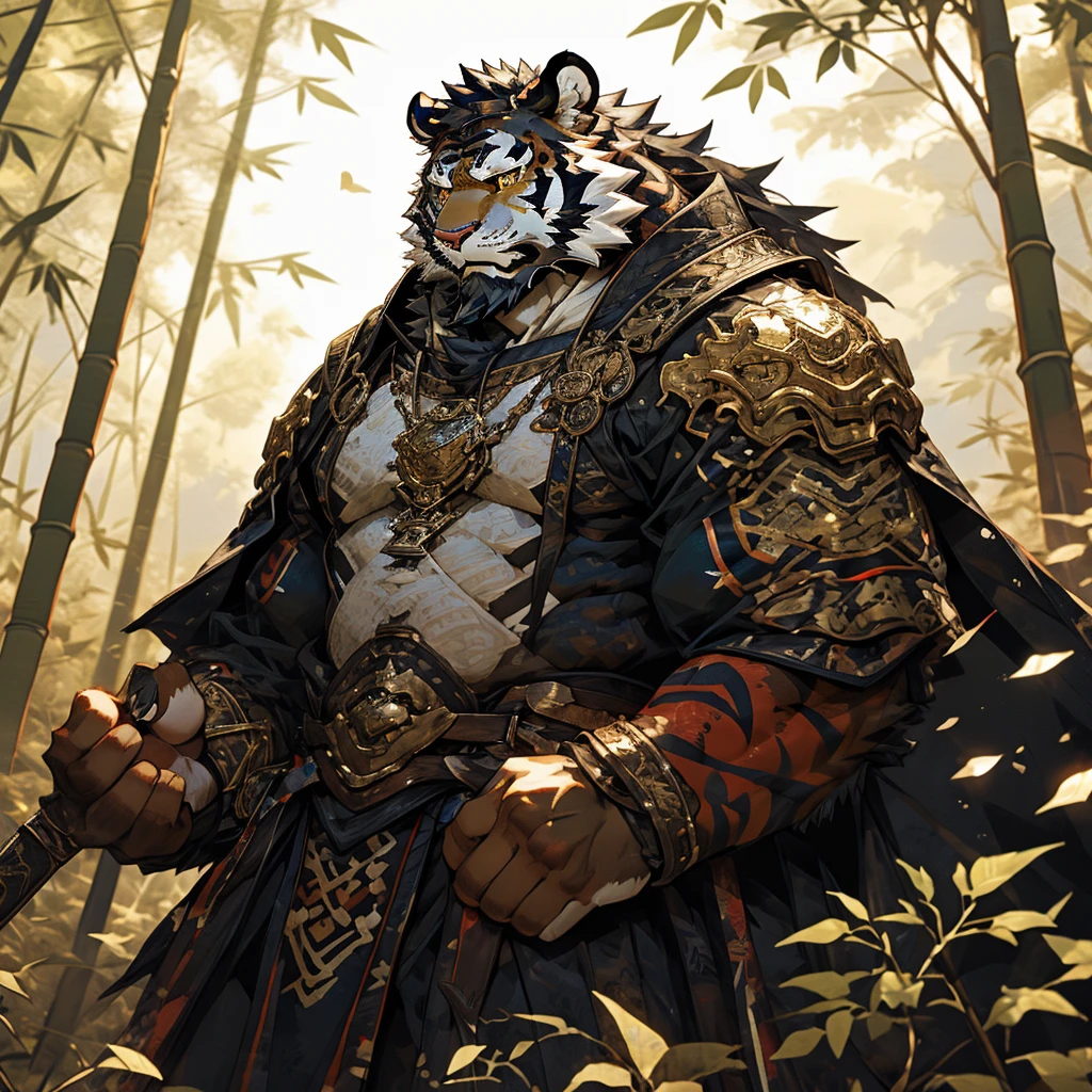 白色皮肤Tiger),(Black and white yin and yang general battle robe),Holding a long sword,Strong attitude,stand calmly,(The background is a dark deep forest covered with bamboo:1.2),abdominal muscles,heroic posture,A perfect masterpiece,Various facial details,distance perspective,specific description,masterpiece,CG,(golden eyes),black and white pattern,Crimson tail,General,heroic posture,Tiger,black and white fur,specific facial details,Half body,(Black and white Yin and Yang General combat boots),(Chang Ling),((middle aged)),(Face focus),(16K),HD,black and white belly，wilderness,beard,(Noodles),different students,(Black and white yin and yang shirt),(Black and white hair),Strong,muscle,(High resolution:1.3),(Standing deep in the deserted bamboo forest),(close up),(Detailed face:1.5),Perfect details,(Half body),(facial detail depiction:1.5),(Zoom in on face:1.5),(White Noodles:1.2),(Black Beard:1.3),(white face;1.6),white body