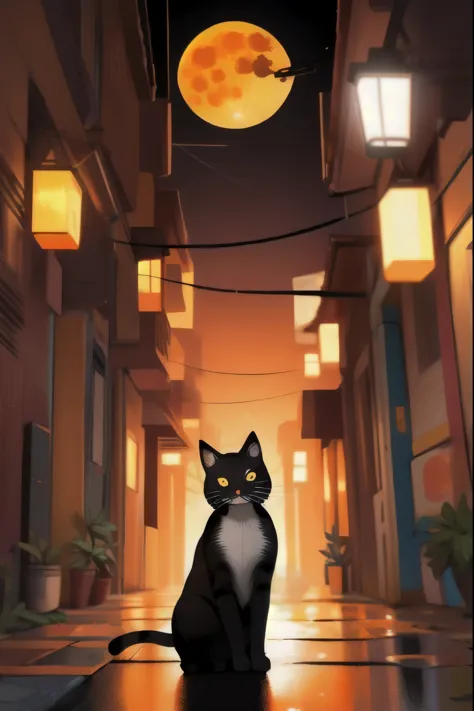 cat,orange,cute,big eyes,masterpiece,full moon,alley