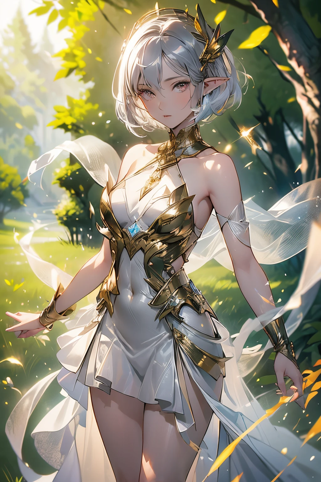 best quality, super fine, 16k, RAW photo, photorealistic, incredibly absurdres, extremely detailed, delicate, flashy and dynamic depiction, cute yet dignified beautiful elf, shy, short silver pixie cut hair, wind, wind-effect, red round eyes, slender proportion, leaning against a large tree in the lush grassland, background hazy, mysterious and fantastical, countless sparkling gold dust, motion-blur, action-lines