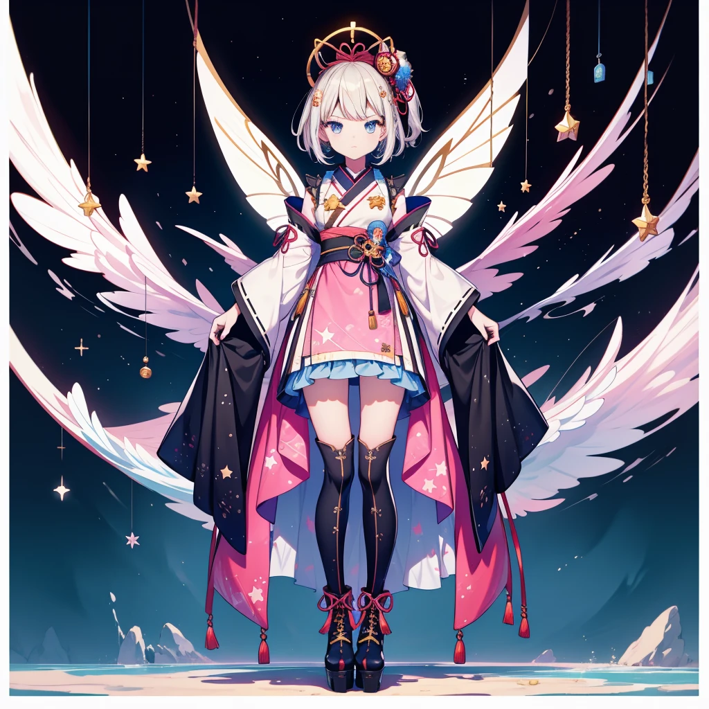 1girl、vtuber-fullbody、Star Fairy、masterpiece、official art、Super detailed、super beautiful、かわいいStar Fairy、white straight short hair、Milky Way、universe、star charm、star、baby face、Knee-high boots、Japanese pattern dress、A beautiful girl wearing black and white clothes that are a remake of a yukata.、universeを思わせるOiranフリルドレス、Oiran