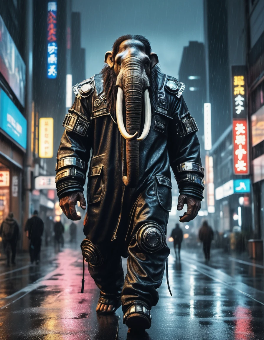 Hyper-realistic RAW analog photos of humans (mammoth:1.1) (man:0.9) Wearing cyberpunk clothing, Walking through the future Internet city on a rainy night, full moon in sky, Star,|(sharp focus, Super detailed, Highly complex, Unbiased physically based rendering:1.10), natural lighting, Extremely high resolution details, photographic, Realism taken to extremes, fine texture, Extremely realistic, Movie般的, 35mm Movie, 35mm photography, Movie, photorealism, DSLR camera, 8K Ultra HD, high dynamic range, Super detailed, high quality, [[skin]] high saturation