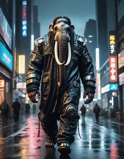 hyper-realistic raw analog photos of humans (mammoth:1.1) (man:0.9) wearing cyberpunk clothing, walking through the future inter...