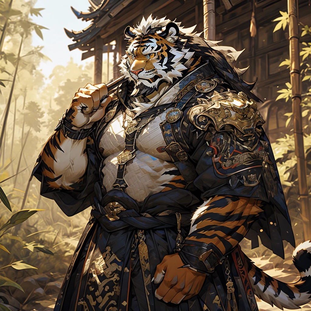 White skin tiger),(黑白阴阳general战袍),Holding a long sword,Strong attitude,stand calmly,(The background is a dark deep forest covered with bamboo:1.2),abdominal muscles,heroic posture,A perfect masterpiece,Various facial details,distance perspective,specific description,masterpiece,CG,(golden eyes),black and white pattern,Crimson tail,general,heroic posture,tiger,black and white fur,specific facial details,Half body,(黑白阴阳general战履),(Chang Ling),((middle aged)),(Face focus),(16K),HD,black and white belly，wilderness,beard,(Noodles),different students,(Black and white yin and yang shirt),(Black and white hair),Strong,muscle,(High resolution:1.3),(Standing deep in the deserted bamboo forest),(close up),(Detailed face:1.5),Perfect details,(Half body),(facial detail depiction:1.5),(Zoom in on face:1.5),(White Noodles:1.2),(Black Beard:1.3),(white face;1.6),white body