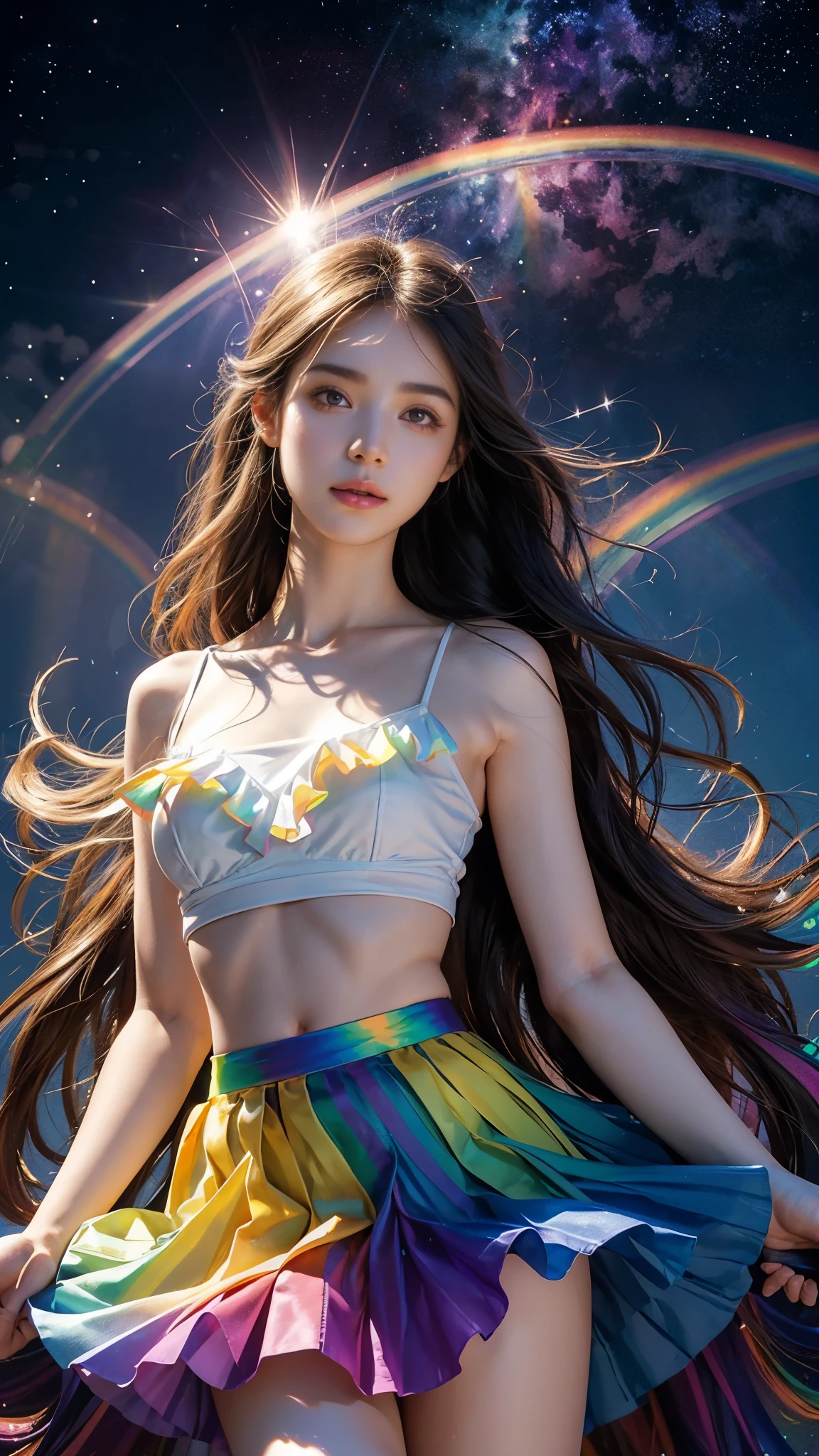 4K Ultra HD, Masterpiece, A girl with a magical aura, (good face:1.4), very Long hair, Detailed eyes, Glossy lips, Lolita costume, (rainbow skirt:1.5), The aura around the body, Magical effect, Spread white light, Cosmic elements and ethereal atmosphere, A mix of bright lights and colorful nebulae, universe background, (Perfect body:1.5),