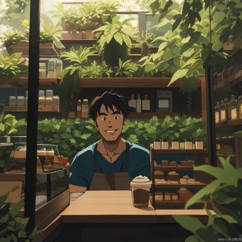 (RAW photo, best quality), songoku,  cafe with greenery concept, sign Likoopi, natural lighting, upper body, coffee shop, smile,...