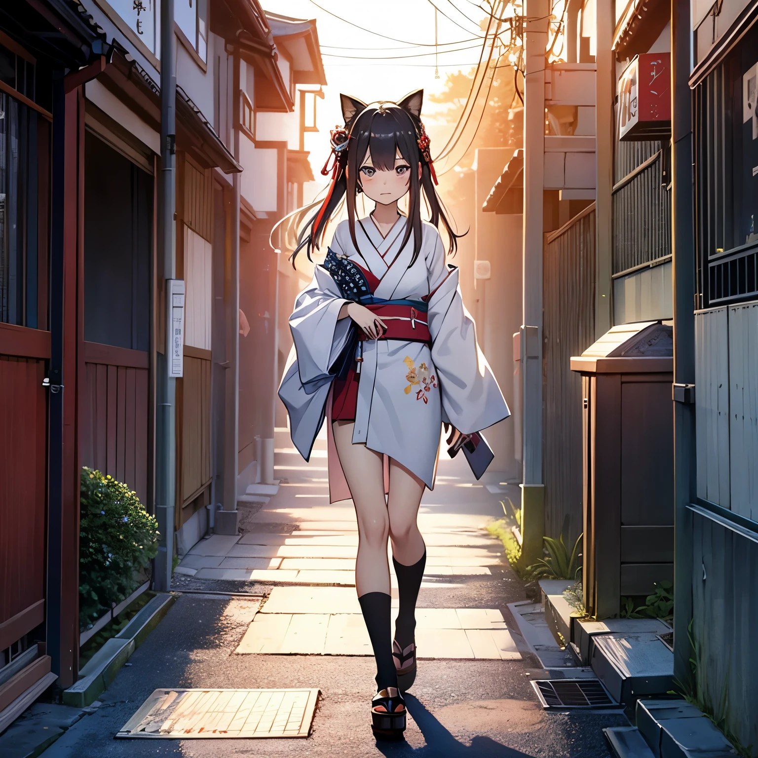 Anime girl in kimono outfit walking down a narrow alley - SeaArt AI