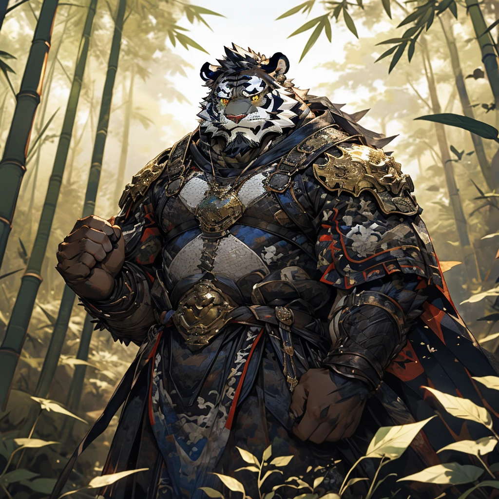 白色皮肤Tiger),(Black and white yin and yang general battle robe),Holding a long sword,Strong attitude,stand calmly,(The background is a dark deep forest covered with bamboo:1.2),abdominal muscles,heroic posture,A perfect masterpiece,Various facial details,distance perspective,specific description,masterpiece,CG,(golden eyes),black and white pattern,Crimson tail,General,heroic posture,Tiger,black and white fur,specific facial details,Half body,(Black and white Yin and Yang General combat boots),(Chang Ling),((middle aged)),(Face focus),(16K),HD,black and white belly，wilderness,beard,(Noodles),different students,(Black and white yin and yang shirt),(Black and white hair),Strong,muscle,(High resolution:1.3),(Standing deep in the deserted bamboo forest),(close up),(Detailed face:1.5),Perfect details,(Half body),(facial detail depiction:1.5),(Zoom in on face:1.5),(White Noodles:1.2),(Black Beard:1.3),(white face;1.6),white body