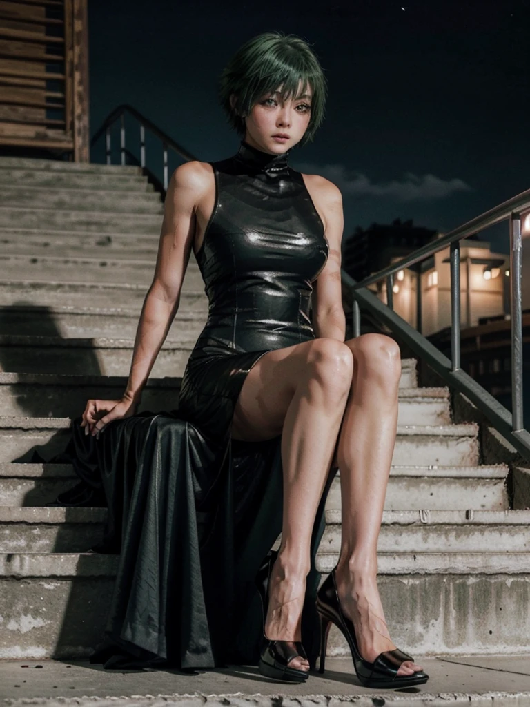 maki zenin cosplay, maki zenin, sitting on stairs, short green hair, scarred body, medium breast, ultra detailed, a metropolitan city, night time, alone, wearing a black high neck, full body dress, high heel shoe