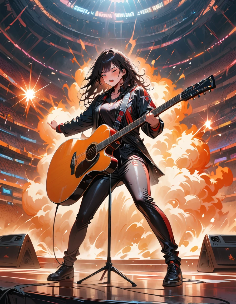 (best quality,4K,8K,high resolution,masterpiece:1.2),Super detailed,(actual,photoactual,photo-actual:1.37),rock star,singer,Guitar,Uniform,Black,tight,golden accents,spacewalk,hysterical singing,Stage lighting,rebellious,glitch art,bright colors,Energetic performance,electric atmosphere,loud music,screaming fans,Huge speakers,Fiery explosion,dynamic poses,Smoke and fog effects,expressive face,rotating lights,Flash,dark background,edgy style,wild hair,microphone stand,Guitar声音失真,rock music,Celebrity,电Guitar独奏,huge concert stage,strut on stage,Condescending,Emotional intensity,Loud and heavy drum beat,Electric energy,Stage fireworks,Powerful vocal performance,the stadium has a full crowd,thousands of fans,Roaring crowd,flash,electric atmosphere,sweaty and Energetic performance,legendary figures,Acting skills,standing ovation