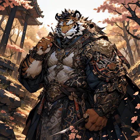 白色皮肤tiger),(黑白阴阳General战袍),Holding a long sword,坚Strong姿态,stand calmly,(The background is a dark forest covered with peach bloss...