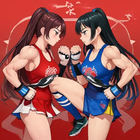 two beautiful high school girls mixed martial artists with muscular bodies、they are exchanging kicks.。