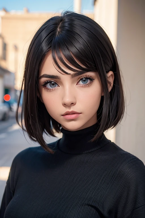 ((Mejor calidad)), ((obra maestra)), (detallado), cara perfecta,  ojos azules, cabello negro corto con flequillo estilo bob labios voluminosos nariz respingada belleza extraordinaria y muy detallado 