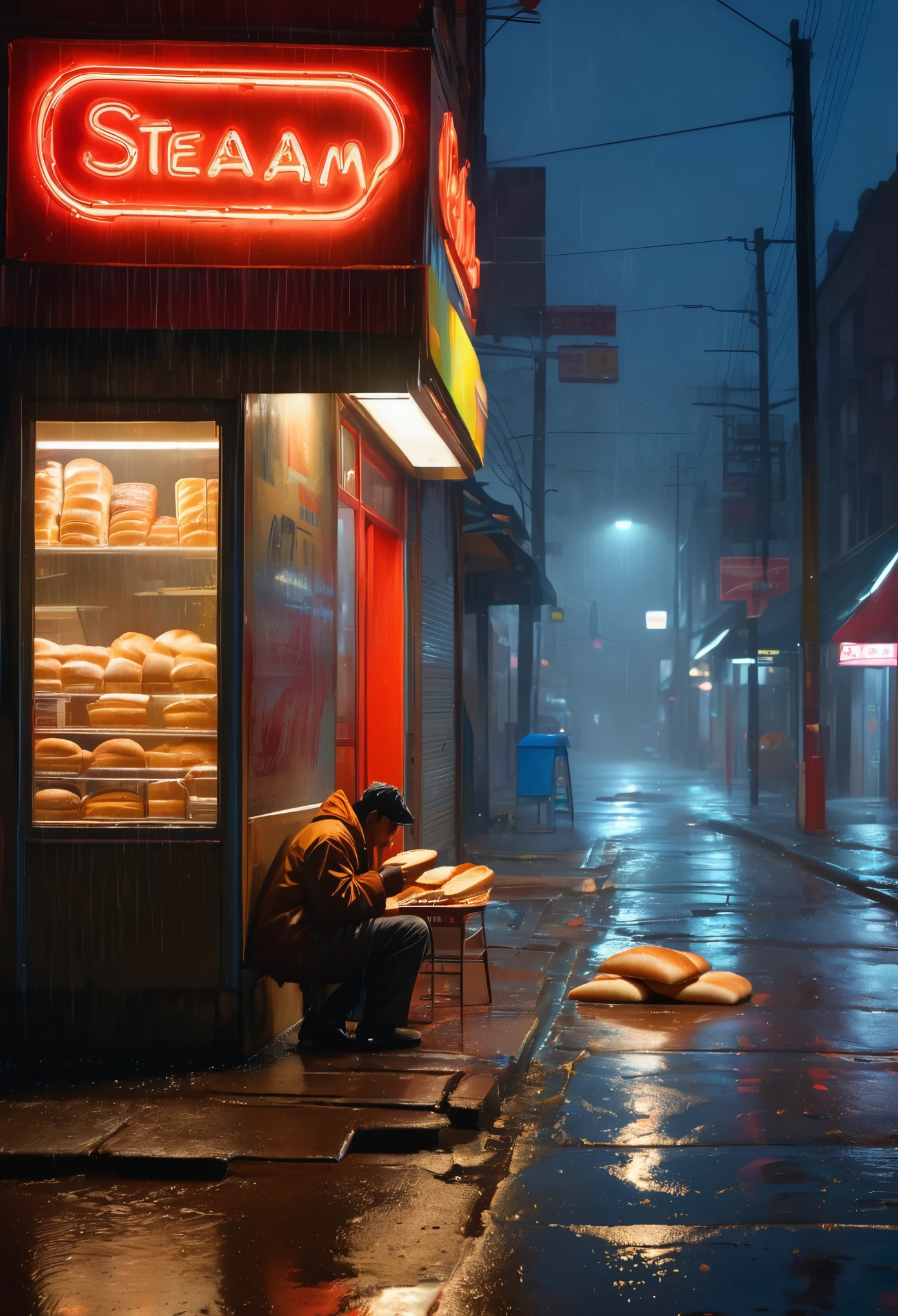 (best quality,ultra-detailed,realistic:1.37),a worker eating bread, squatting outside a midnight convenience store, rain,foggy street,lit by dim streetlights,red neon signs,empty streets,moist pavement,reflection of neon lights,abandoned buildings, atmosphere,cold concrete walls,graffiti-covered store walls,dark clouds,blurred figures passing by,gentle raindrops,steam rising from the bread,crumbs falling off,weariness on the worker's face,steam rising from the drain,shadows cast by the streetlights,wet cardboard boxes,cracked asphalt,quietness broken by distant car sounds,smell of wet pavement,soft rain misting the air,flickering lights,desolate surroundings.