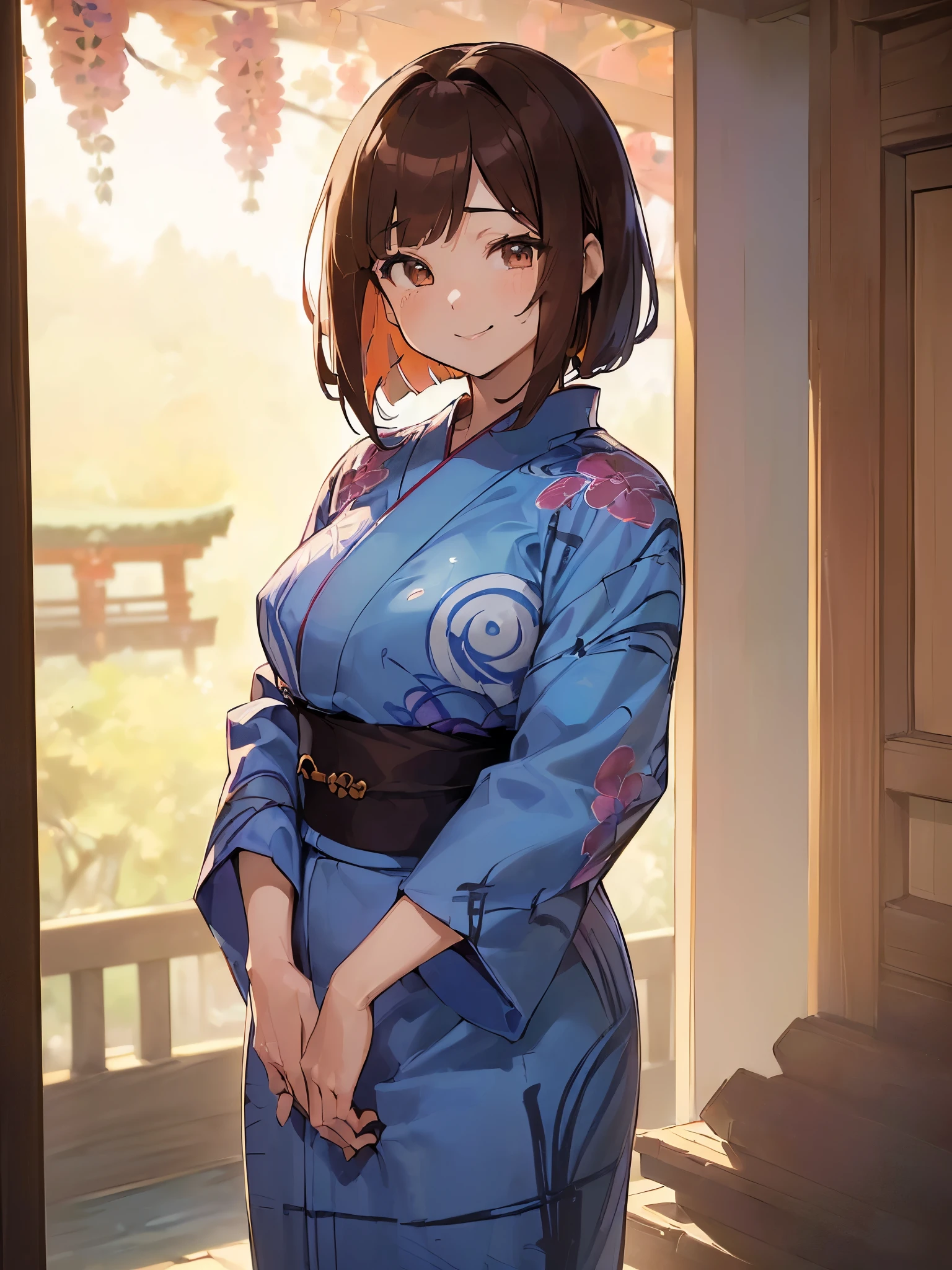 (((A vividly colored anime picture:1.3,最High resolution:1.3,Highest image quality:1.3,masterpiece:1.3))),(((1 female:1.3)))、(((The indigo blue yukata at the inn:1.3))),(((highest quality、masterpiece、High resolution)))、(((wavy hair:1.3、brown hair、bob cut hair、round eyes、brown eyeove the bangs to the side、,big chest、flushing:1.3,smile:1.3))),(((Places to visit in Japan:1.3、noon:1.3,Dazzling Summer:1.3)))