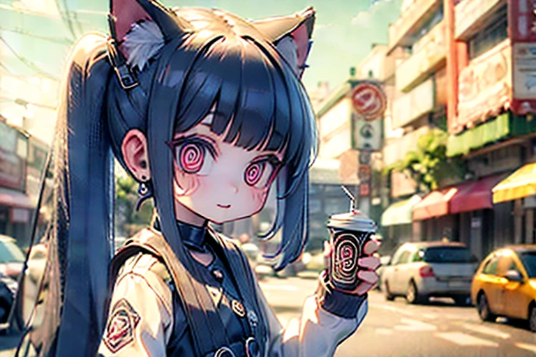 2D,#quality(8k,wallpaper of extremely detailed CG unit, ​masterpiece,hight resolution,top-quality,top-quality real texture skin,hyper realisitic,increase the resolution,RAW photos,best qualtiy,highly detailed,the wallpaper), BREAK,solo,#1girl(cute,kawaii,cute smile,hair floating,hair messy,black hair,long hair,twin tails hair,pale skin,skin color blue,eyes are red,red eyes shining,big eyes,ripped clothe:1.8,tight tube top,breast,tight hot pants,cute pose:2.0,stomach shown :0.8,punk fashion,black cat ear:1.4,drinking a cup of kiosk coffee,from side), BREAK ,#background(girl in the very front of a kiosk at midnight),[chibi:2.0],(when drawing the hand please draw them anatomically very correctly for sure:1.4),(landscape:1.6)