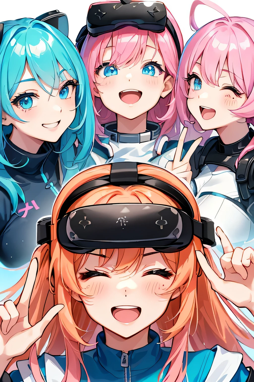 (highest quality:1.4)、(High resolution)、detailed background、(detailed beautiful face:1.4)、anatomically correct、(Depict the normal number of fingers)、(detailed facial expressions)、beautiful and smooth skin、beautiful teenage girl、three women、(huge breasts:1.3)、Bright hair colour、inner hair color、bob hair、ponytail、realistic、perfect body line、double peace sign、I'm so excited、blushing、Open-mouthed smile、

(Three beautiful girls wearing VR goggles enjoying virtual space interaction with virtual pets:1.5)、
Play with and communicate with virtual dogs and cats、
Use VR goggles to take part in a virtual dance 、
Dance rhythmically with adorable virtual characters、
Laughing and dancing happily together、

Enjoy a virtual picnic or outing using VR goggles、
Play in a virtual park