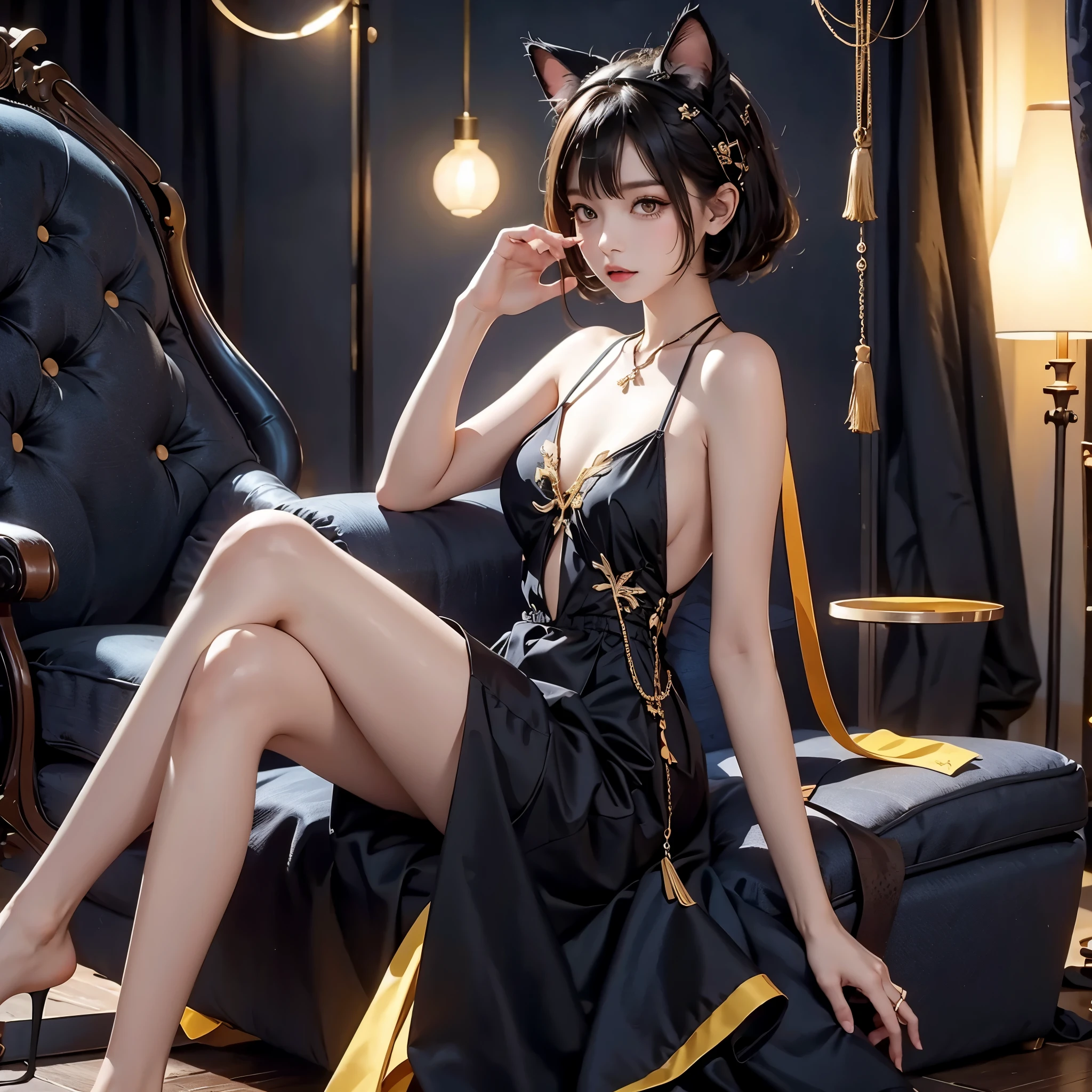 A girl, casual style,  sitting , short black hair, Left bangs, black dress, (with yellow eyes and cat ears),