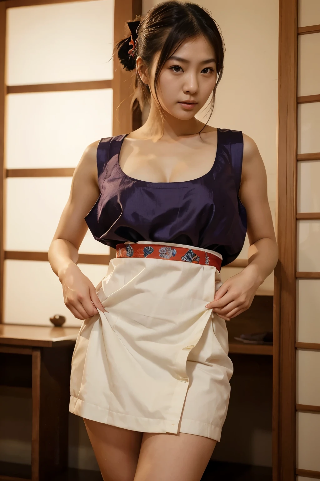 hot japanese babe, wearing a traditional dress, looking very naughty, hair tied, hands on , pulling cloth of her, thighs coming out of the outfit, perfect body, dont show 
