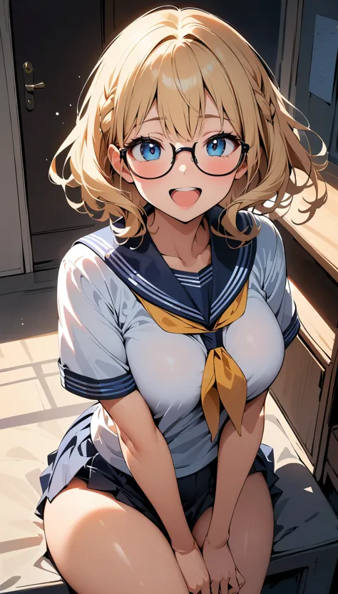 (high quality, 8K, 4k, high contrast, masterpiece:1.2, 最high quality, best aesthetics), (dynamic angle), ((1 female)), erotic, sexy, mature body, JK, , Braid, Glasses, sexyな唇, excited, Chairman, sailor suit:1.2, open your mouth.