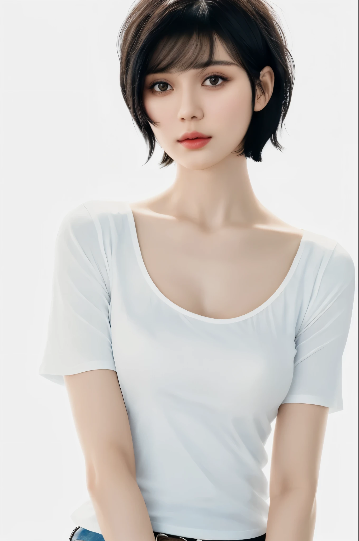 Pixie cut, Top quality, 1 beautiful woman, age 28, white T-shirts, 35mm lens, f/1, cowboy shot, (white background: 1.3) black hair
