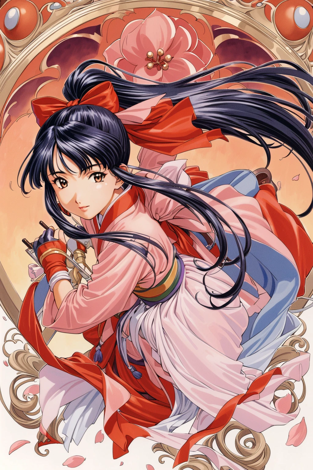 masterpiece, highest quality, divine quality, godlike art, Art Nouveau watercolors, highly detailed face, very realistic, cute, Shinguji Sakura, 1 girl, arms, alone, sword, kimono, bow, black hair, red bow, long hair, brown eyes, gloves, petal, fingerless gloves, cherry blossoms, knife, hair bow, ponytail, kimono, Similarly, Similarly skirt, traditional media,