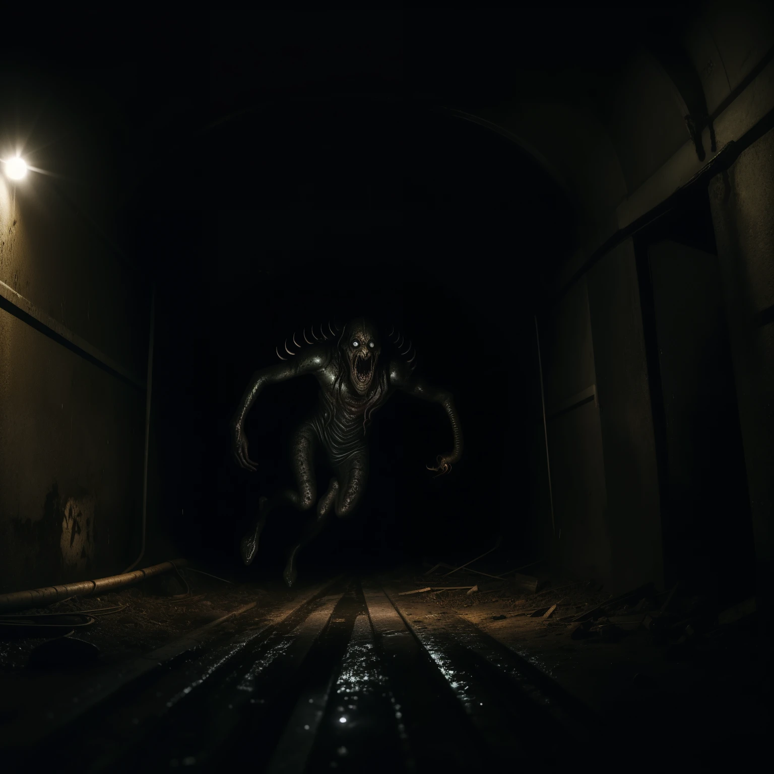 Action shot of terrifying beast eldritch with wet black skin chasing after the viewer in a  decrepit underground tunnel in Hell, creepy, unnerving, unsettling, terrifying, 80mm, horror lighting, dynamic action,