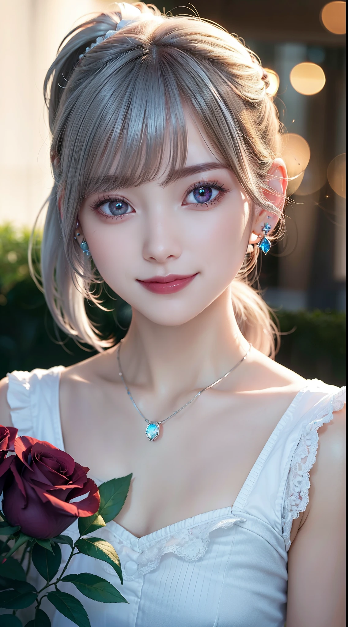 Garden covered with red roses in the background, silver hair, front ponytail, eye reflection, Red contact lenses, pink eyes,heterochromia， wear earrings, blue crystal pendant，evil smile, high detail, romanticism, Depth of the bounds written, shine, ray tracing, finder, zoom layer, close, Bokeh, anatomically correct, high details, 1080p, hyper hd