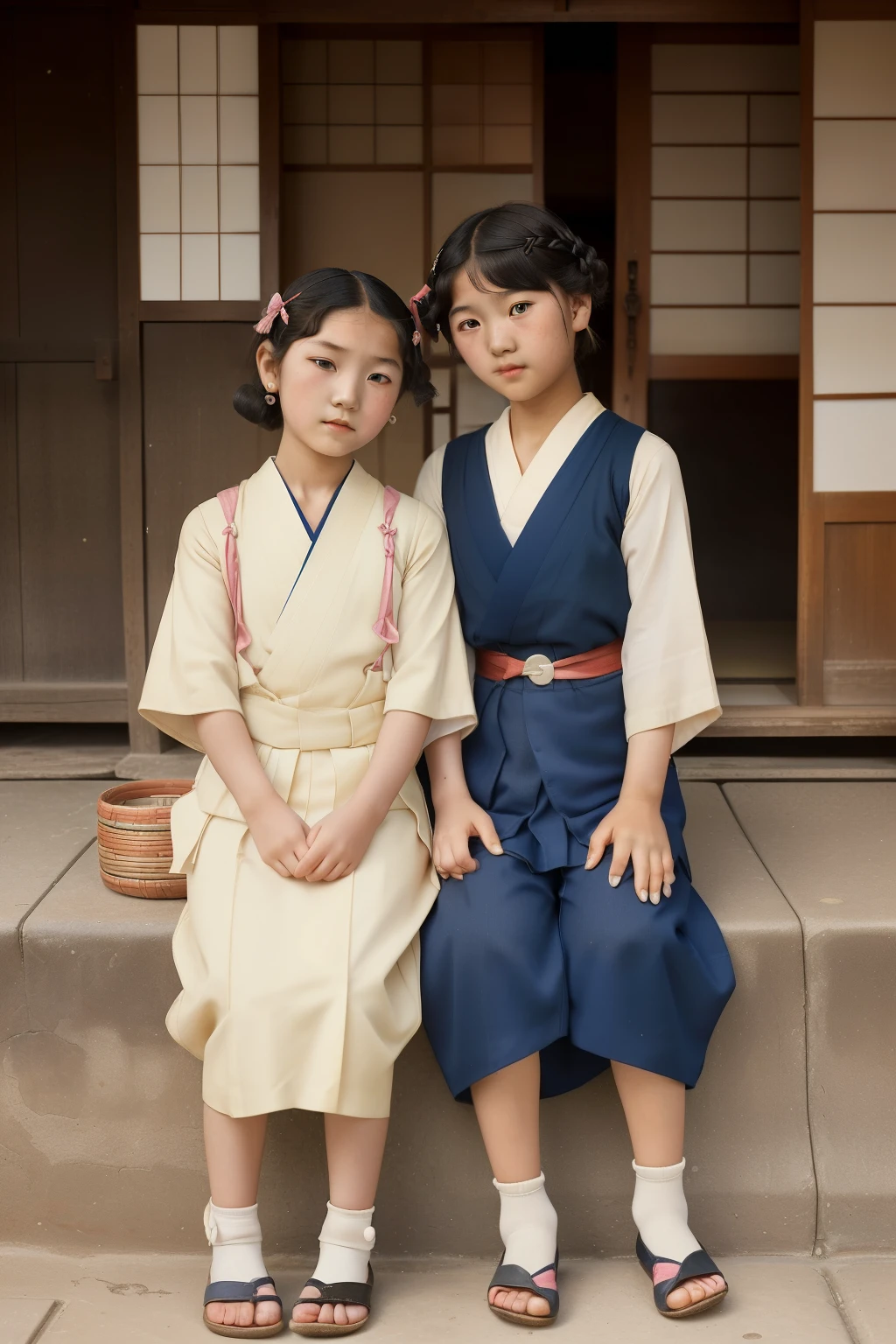 Two young girls in traditional japanese clothing sitting on steps - SeaArt  AI