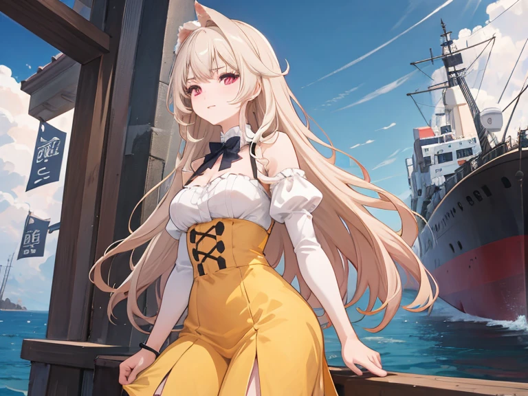 anime girl with red eyes standing in front of a ship in the ocean, detailed digital anime art, anime art wallpaper 8k, anime art wallpaper 4k, 4k anime art wallpaper, anime fantasy illustration, anime fantasy illustrations, 4K anime style, Beautiful lady, beautiful anime illustrations, 4k anime wallpaper, manga wallpaper 4k, 8K high quality detailed art