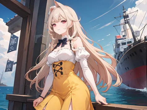 anime girl with red eyes standing in front of a ship in the ocean, arte de anime digital detallado, fondo de pantalla de arte an...